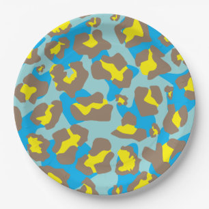 Leopard animal print in blue, brown and yellow paper plate