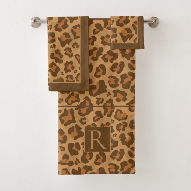 Leopard animal print in brown tones and monogram bath towel set (Insitu)