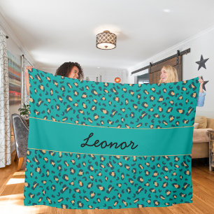 Leopard Animal Print in Teal Tan Fleece Blanket