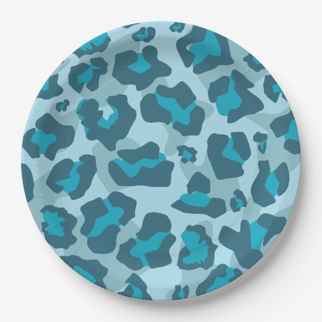 Leopard animal print in tones of blue paper plate (Front)