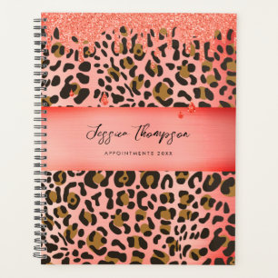 Leopard Animal Print Metallic Red Glitter Drips Planner