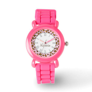 Leopard animal print pink name wrist watch