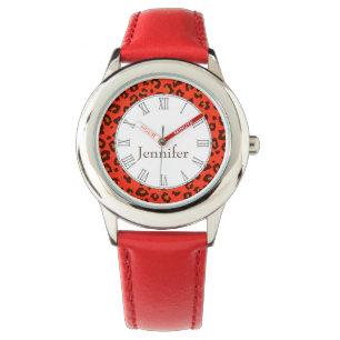 Leopard animal print red name wrist watch