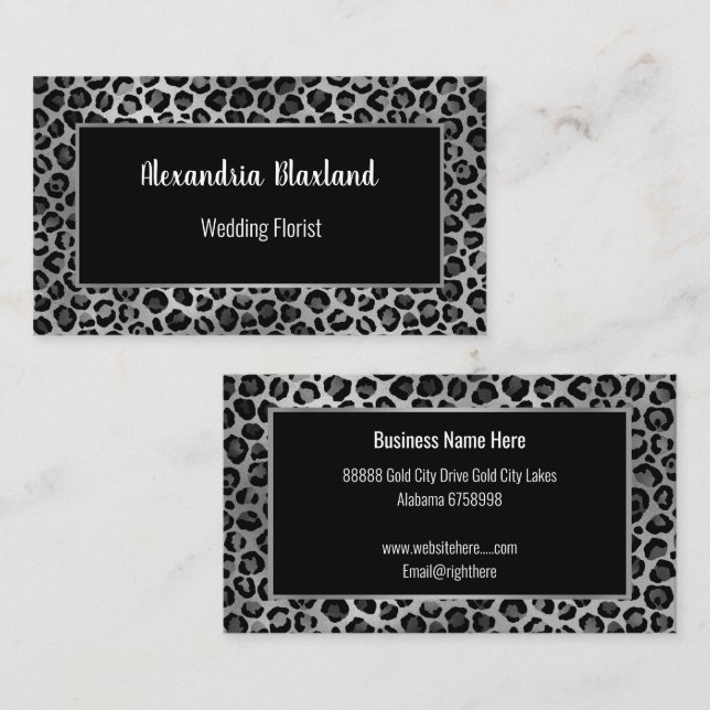 LEOPARD ANIMAL PRINT SILVER BLACK BUSINESS CARD (Front/Back)