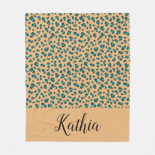 Leopard Animal Print Teal Tan Personalized Fleece Blanket