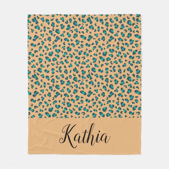 Leopard Animal Print Teal Tan Personalized Fleece Blanket (Front)
