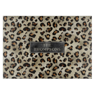 Leopard Animal Print With Black Faux Foil And Name Cutting Board