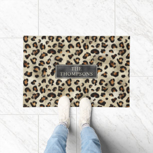 Leopard Animal Print With Black Faux Foil And Name Doormat