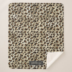 Leopard Animal Print With Black Faux Foil And Name Sherpa Blanket