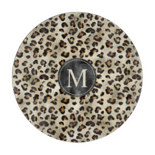 Leopard Animal Print With Black Faux Foil Monogram Cutting Board