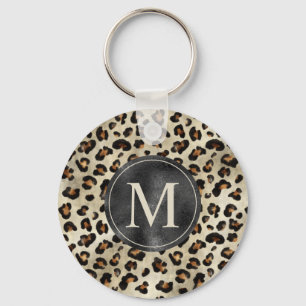 Leopard Animal Print With Black Faux Foil Monogram Keychain