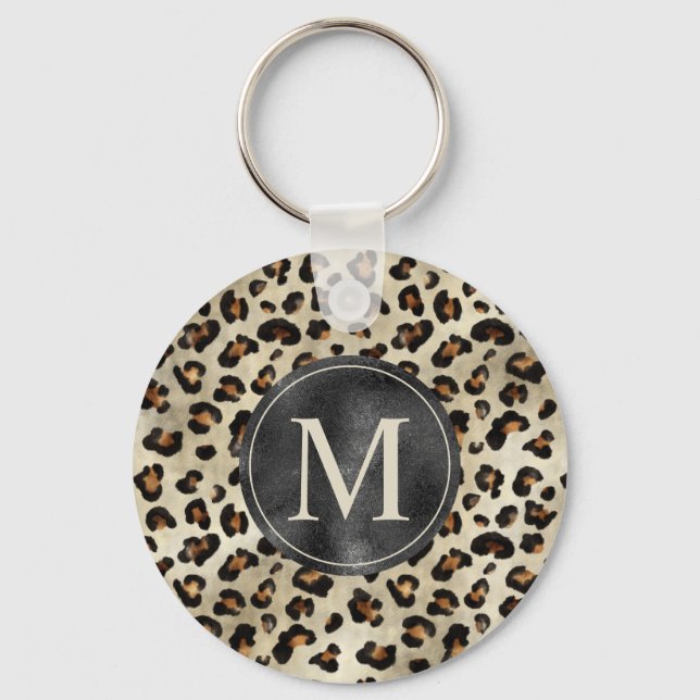 Leopard Animal Print With Black Faux Foil Monogram Keychain (Front)