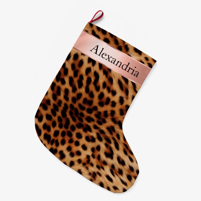 Leopard Animal Rose Pink Ribbon Name Large Christmas Stocking (Front (Hanging))