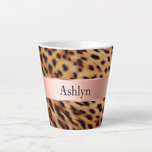 Leopard Animal Rose Pink Ribbon Name Latte Mug (Front)