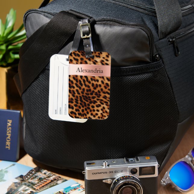 Leopard Animal Rose Pink Ribbon Name Luggage Tag (Front & Back)