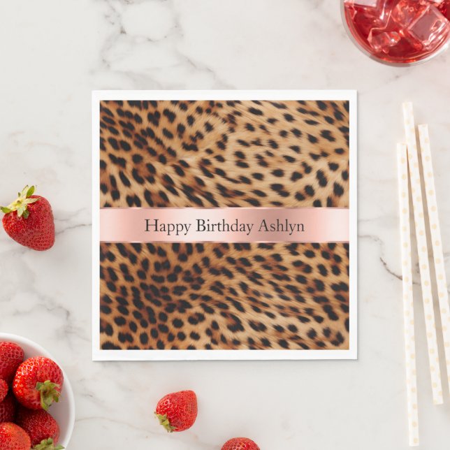 Leopard Animal Rose Pink Ribbon Name Napkin (Insitu)