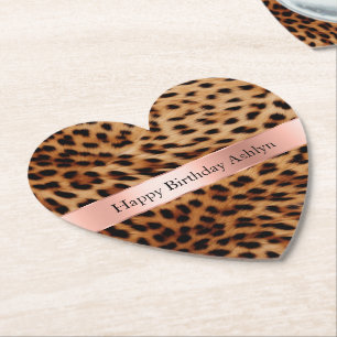 Leopard Animal Rose Pink Ribbon Name Paper Coaster