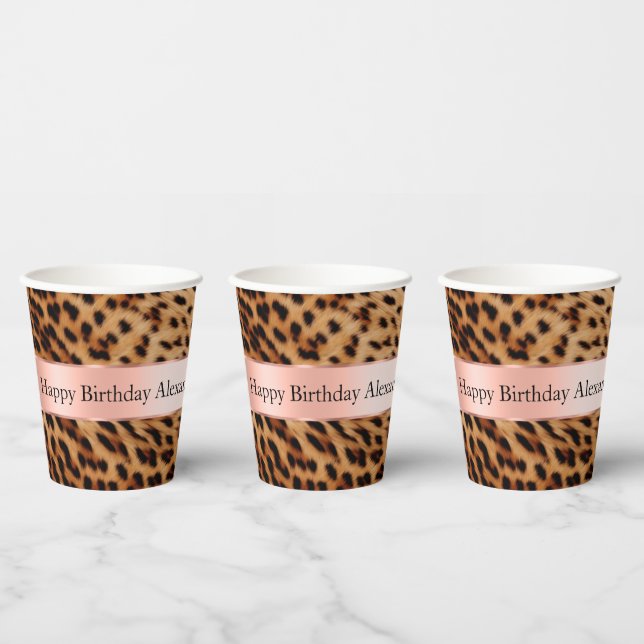 Leopard Animal Rose Pink Ribbon Name Paper Cups (Multi)