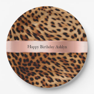 Leopard Animal Rose Pink Ribbon Name Paper Plate