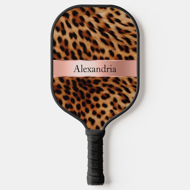 Leopard Animal Rose Pink Ribbon Name Pickleball Paddle (Front)