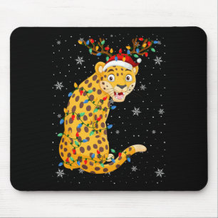 Leopard Animal Santa Hat Ugly Christmas Tree Light Mouse Pad