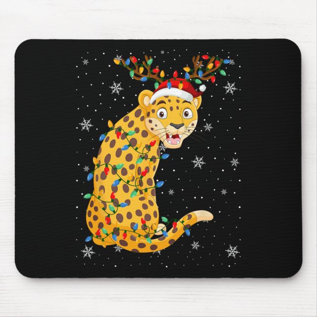 Leopard Animal Santa Hat Ugly Christmas Tree Light Mouse Pad (Front)