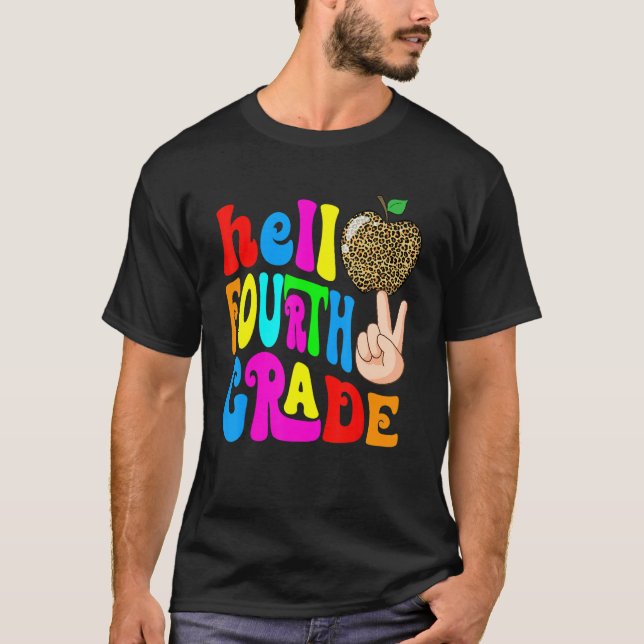Leopard Apple Hello 4th Grade Teacher Kids Back To T-Shirt (Front)