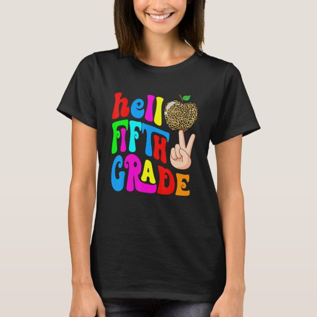 Leopard Apple Hello 5th Grade Teacher Kids Back To T-Shirt (Front)
