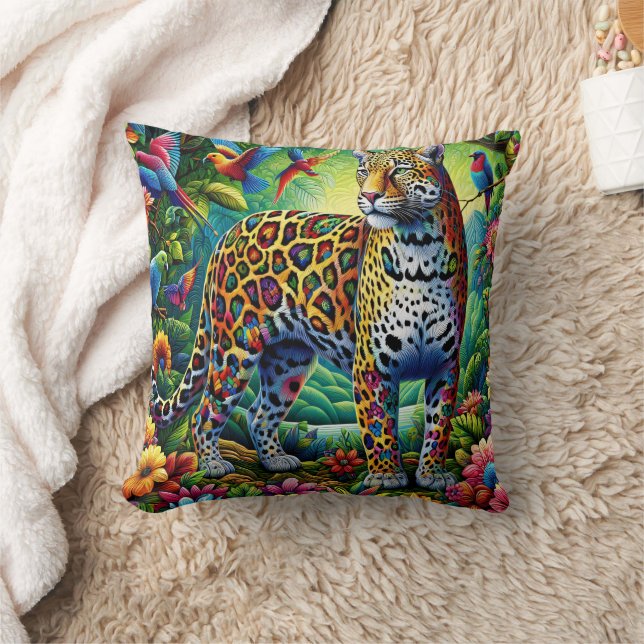 Leopard Aura: Tropical Birds Surrounding Throw Pillow (Blanket)