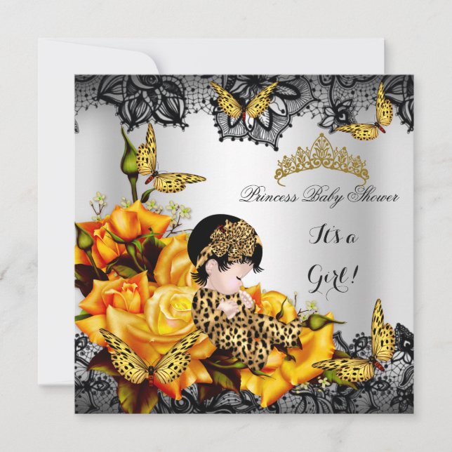 Leopard Baby Shower Girl Butterfly Yellow Grey Invitation (Front)