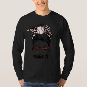 Leopard Ball Nana Life Messy Bun Game Day Mothers  T-Shirt