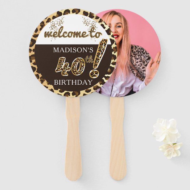 Leopard Balloon 40th Birthday Photo Personalized Hand Fan (Front and Back)