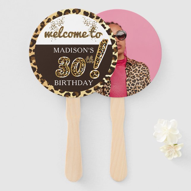 Leopard Balloon Script Birthday Photo Personalized Hand Fan (Front and Back)