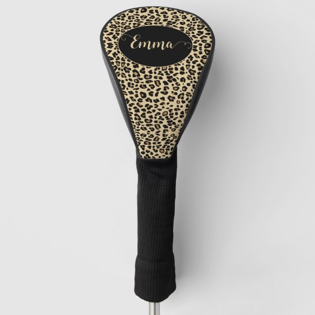 Leopard beige pattern personalised Golf Head Cover (Front)
