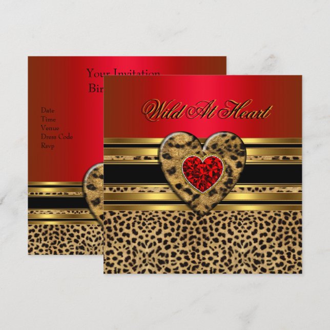 Leopard Birthday Wild At Heart Black Gold Red 2 Invitation (Front/Back)
