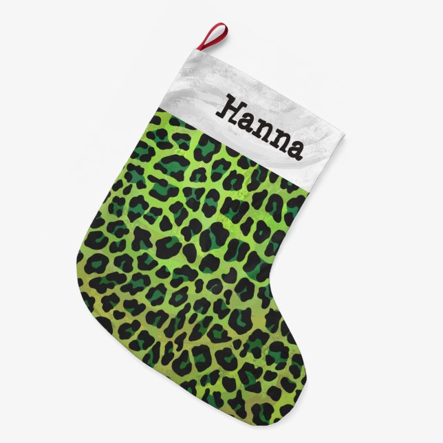 Leopard Black and Green Print Large Christmas Stocking (Front (Hanging))