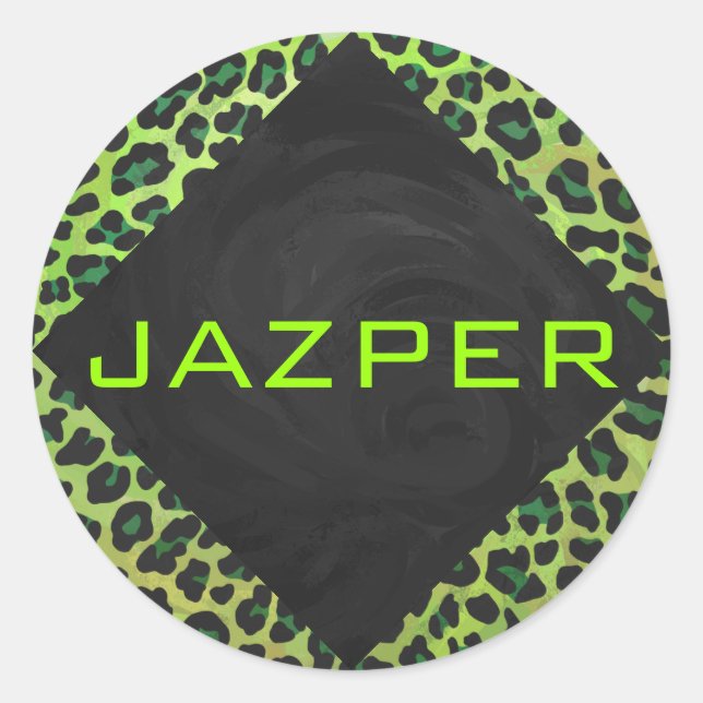 Leopard Black and Green with Monogram Classic Round Sticker (Front)