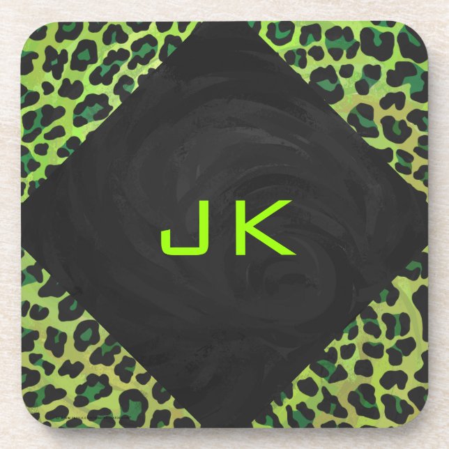 Leopard Black and Green with Monogram Coaster (Front)