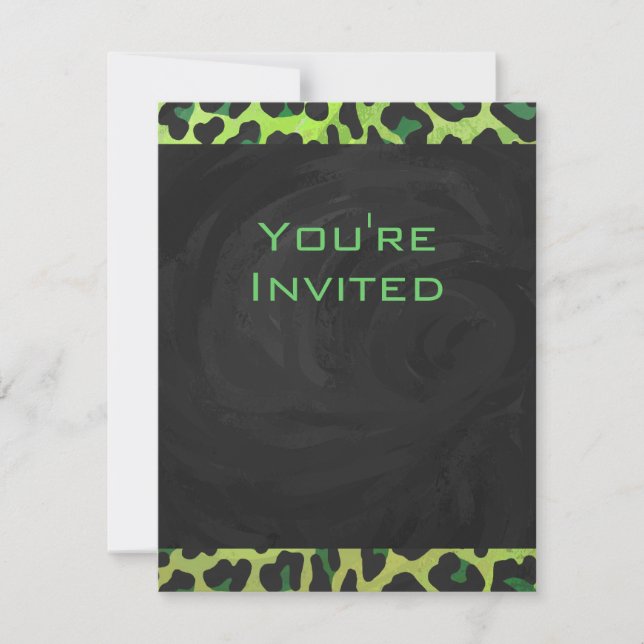Leopard Black and Green with Monogram Invitation (Front)