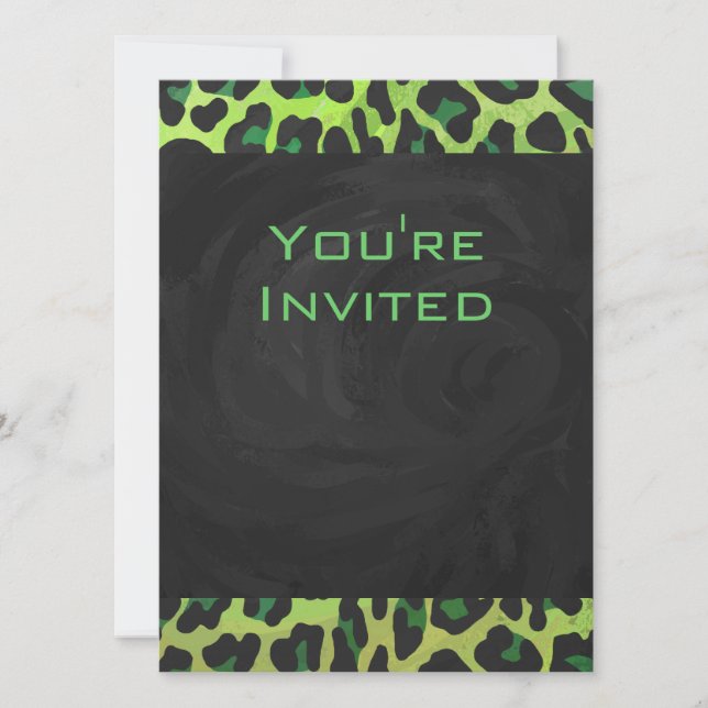 Leopard Black and Green with Monogram Invitation (Front)