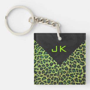 Leopard Black and Green with Monogram Keychain