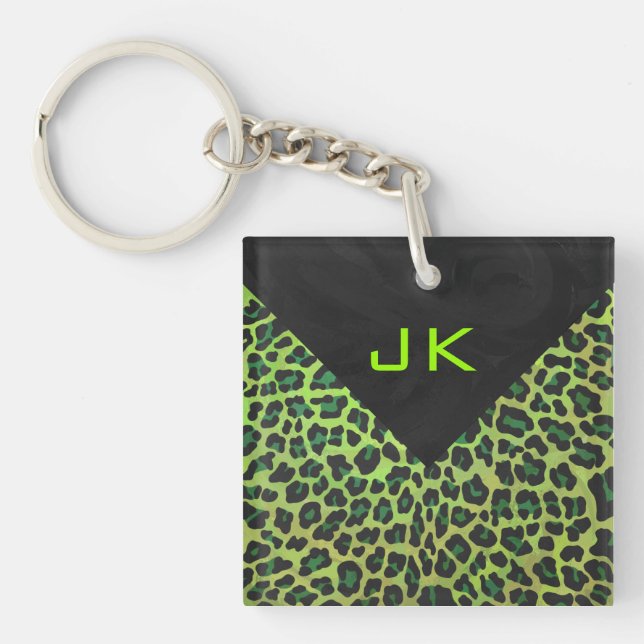 Leopard Black and Green with Monogram Keychain (Front)