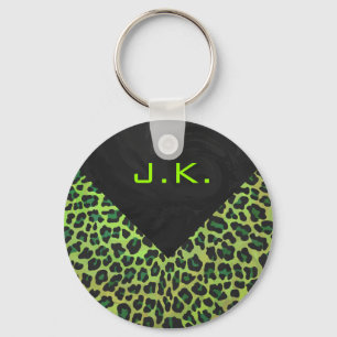 Leopard Black and Green with Monogram Keychain