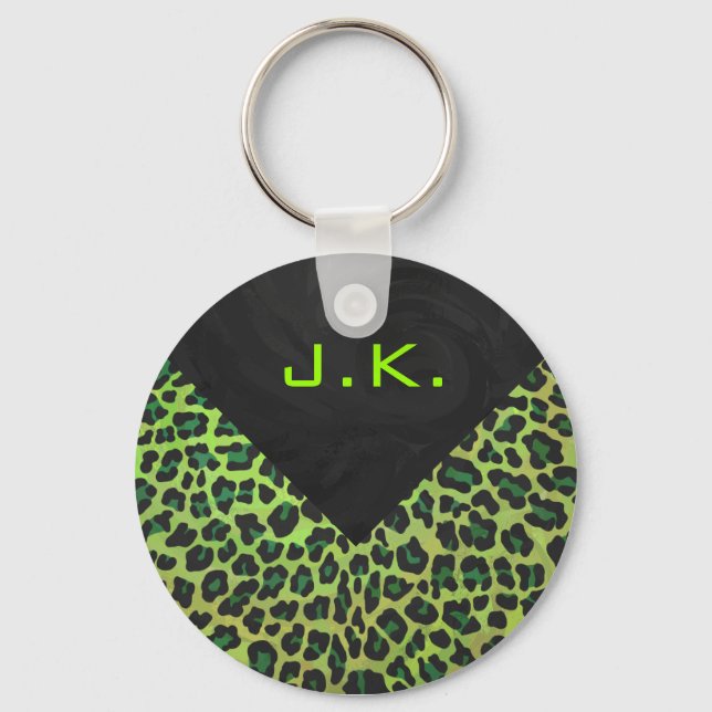 Leopard Black and Green with Monogram Keychain (Front)