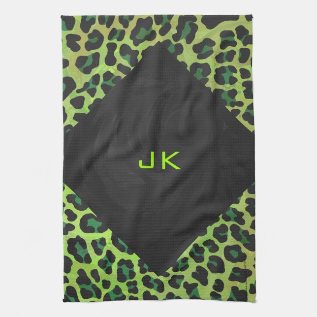 Leopard Black and Green with Monogram Kitchen Towel (Vertical)