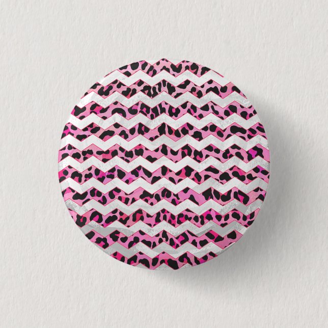 Leopard Black and Hot Pink Chevron Print 1 Inch Round Button (Front)