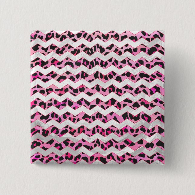 Leopard Black and Hot Pink Chevron Print 2 Inch Square Button (Front)
