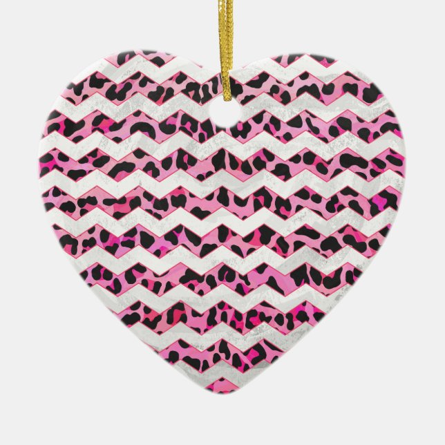 Leopard Black and Hot Pink Chevron Print Ceramic Ornament (Front)