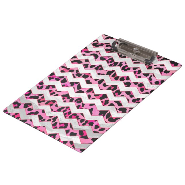 Leopard Black and Hot Pink Chevron Print Clipboard (Angled)