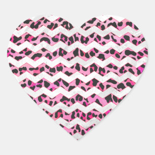 Leopard Black and Hot Pink Chevron Print Heart Sticker